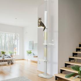 PawHut Floor To Ceiling Cat Tree With Scratching Posts, 88.5-100.5 Adjustable Height, Cat Climbing Tower With Cloud Shape Platforms, Toy Balls, Anti-t