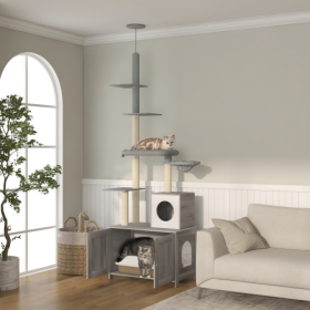 PawHut Cat Tree With Litter Box Enclosure, 2 In 1 Floor To Ceiling Cat Tower Litter Box Furniture With Condo, Bed, Hammock, Scratching Posts, And Plat