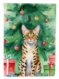 Bengal Cat By the Christmas Tree Garden Flag Mailbox Flag Decorative Yard Flag Banner Outside Patio Artwork Yard Flower Beds, Garden Size, Multicolor