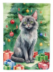 Lykoi Cat By the Christmas Tree House Flag Large Porch Sleeve Pole Decorative Outside Yard Banner Artwork Wall Hanging, Polyester, House Size