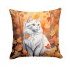 Turkish Angora Cat in Fall Leaves Throw Pillow Machine Washable, Indoor Outdoor Decorative Pillow for Couch, Bed or Patio, 14Hx14W