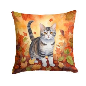 American Wirehair Cat in Fall Leaves Throw Pillow Machine Washable, Indoor Outdoor Decorative Pillow for Couch, Bed or Patio, 14Hx14W