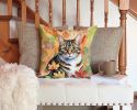 California Spangled Cat in Fall Leaves Throw Pillow Machine Washable, Indoor Outdoor Decorative Pillow for Couch, Bed or Patio, 14Hx14W