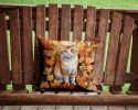 Manx Cat in Fall Leaves Throw Pillow Machine Washable, Indoor Outdoor Decorative Pillow for Couch, Bed or Patio, 14Hx14W