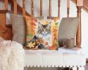Norwegian Forest Cat in Fall Leaves Throw Pillow Machine Washable, Indoor Outdoor Decorative Pillow for Couch, Bed or Patio, 14Hx14W