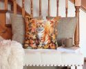 Cheetoh Cat in Fall Leaves Throw Pillow Machine Washable, Indoor Outdoor Decorative Pillow for Couch, Bed or Patio, 14Hx14W