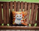 Khao Manee Cat in Fall Leaves Throw Pillow Machine Washable, Indoor Outdoor Decorative Pillow for Couch, Bed or Patio, 14Hx14W