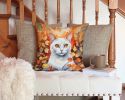 Khao Manee Cat in Fall Leaves Throw Pillow Machine Washable, Indoor Outdoor Decorative Pillow for Couch, Bed or Patio, 14Hx14W
