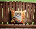 Norwegian Forest Cat in Fall Leaves Throw Pillow Machine Washable, Indoor Outdoor Decorative Pillow for Couch, Bed or Patio, 14Hx14W