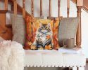 Siberian Cat in Fall Leaves Throw Pillow Machine Washable, Indoor Outdoor Decorative Pillow for Couch, Bed or Patio, 14Hx14W