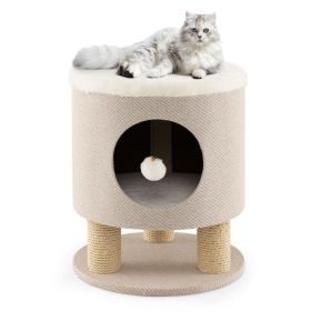 3-in-1 Cat Condo Stool Kitty Bed with Scratching Posts and Plush Ball Toy (Color: Beige)